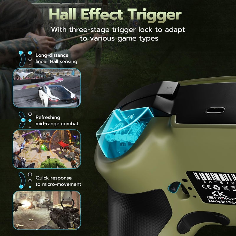 ISHAKO Wireless PC Controller, Hall Effect Gaming Controller with 1000Hz Polling Rate, 3-Stage Adjustable Triggers, 4 Macro Back Buttons, Bluetooth/2.4G/Wired Gamepad Compatible with Windows PC, Switch, iOS, Android, Steam Deck - Green - Image 5
